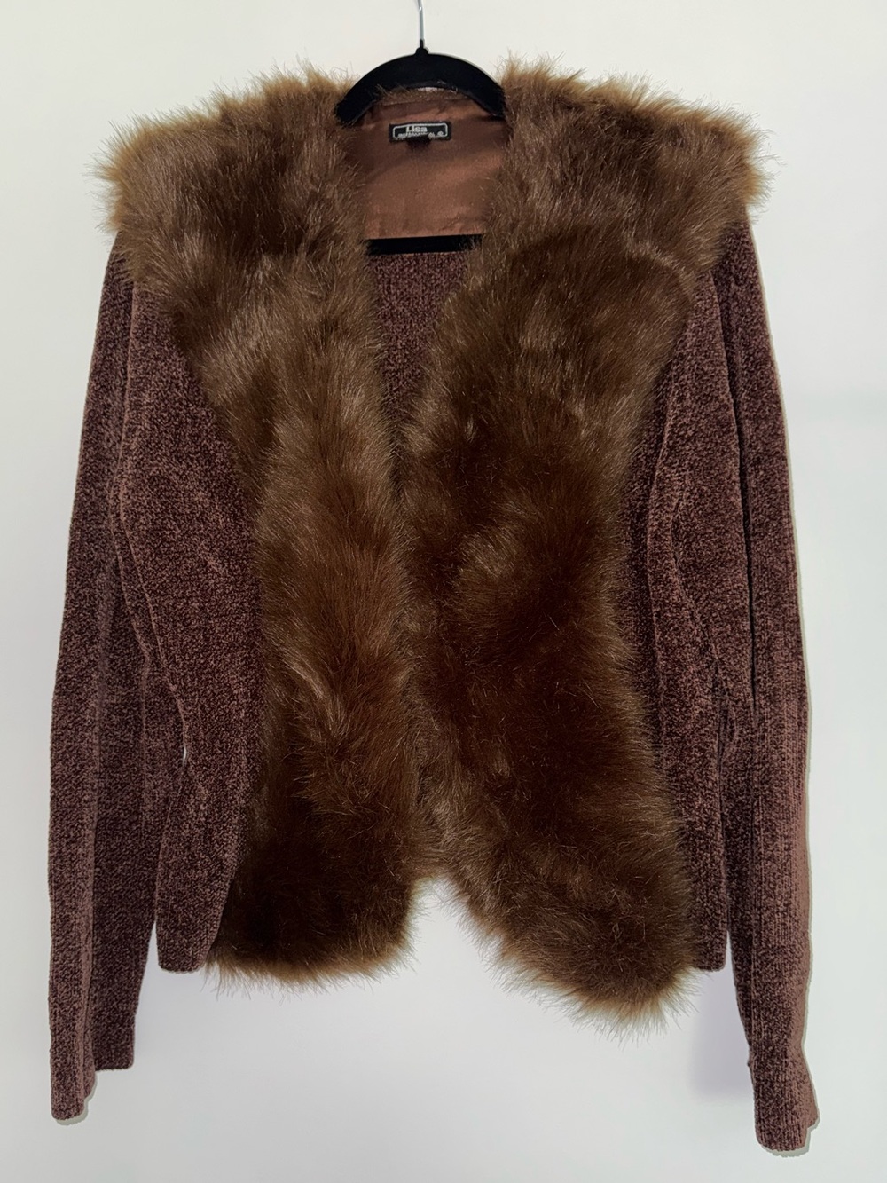 Vintage Lisa International Brown Faux Fur Trim Chenille Cardigan Sweater XL
